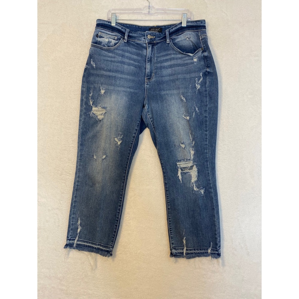 Judy Blue 16W Straight Fit Distressed Raw Hem Jeans Medium Wash JB82436MD-PL